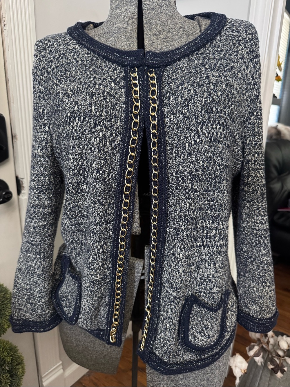 Roz & Ali Navy and White Knit Chain-Trim Women's Cardigan Sweater Medium